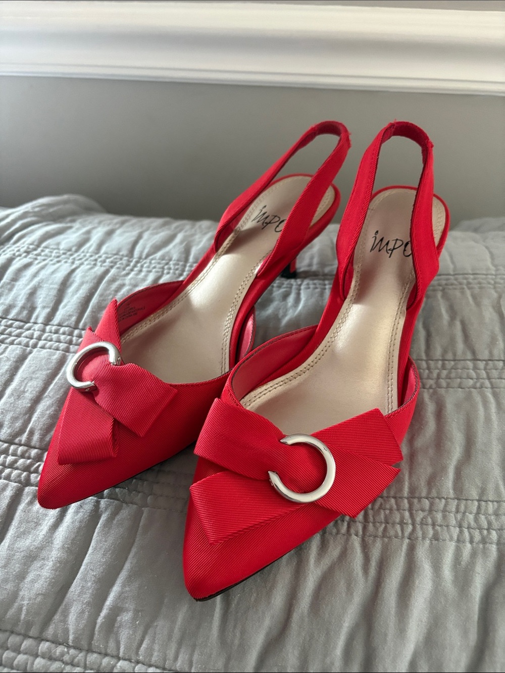 Impo Red Pointed Slingback heels with Bow and Silver Ring